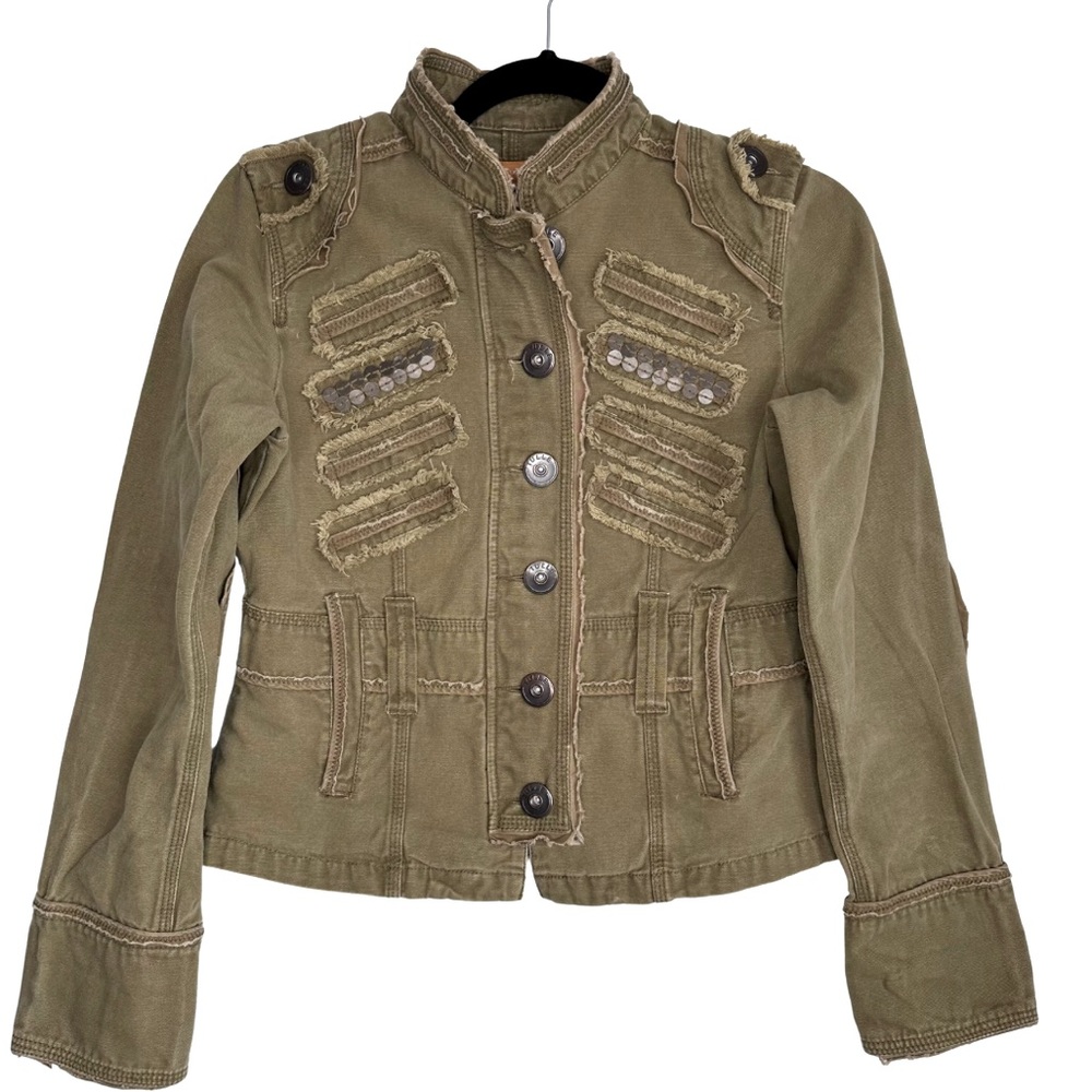 Tulle Women’s Dark Khaki Distressed Military Jacket, Anthropologie, Size Medium